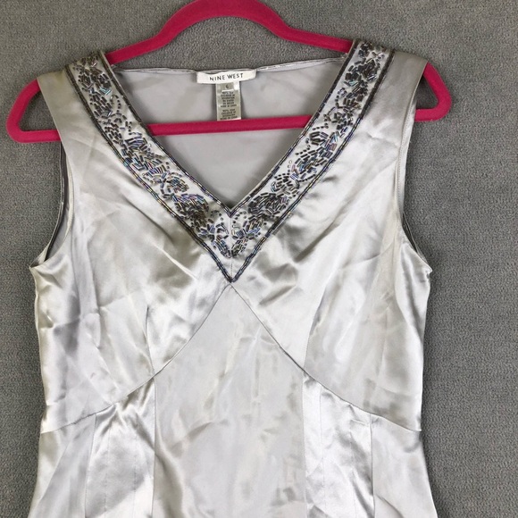 Nine West Y2K 100% Silk Silver gray Beaded V Neck Top - Picture 2 of 8